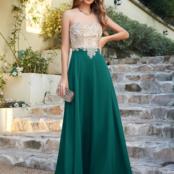 BABYONLINE D.R.E.S.S. Womens A line Chiffon Lace Appliques Gold - Picture 4 of 4